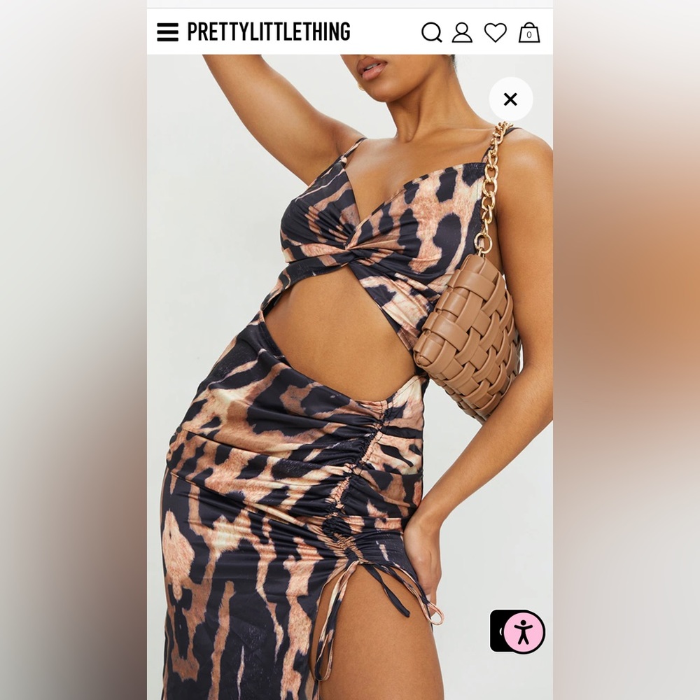 Brown Leopard Print Satin Twist Bust Ruched Maxi Dress